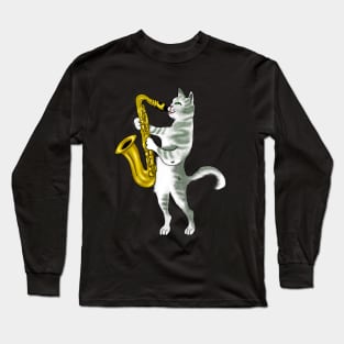 Funny Cat Lovers Saxophone Gift Long Sleeve T-Shirt